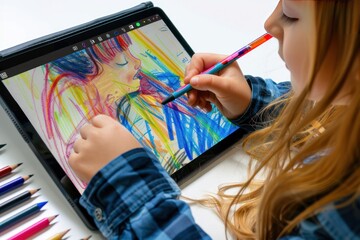 Girl drawing on a digital tablet Depicting digital technology that unleashes creativity, isolated on white background. 