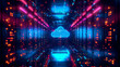A server room filled with racks of servers, with a digital cloud icon floating above them, symbolizing cloud computing