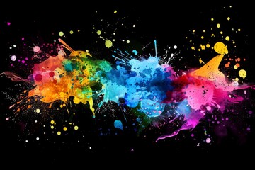 Wall Mural - Colorful abstract watercolor paint splashes, neon fluorescent colors on black background