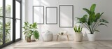 Fototapeta  - Minimalist frame mockup poster template placed on the floor with plant decor. Frame mockup comes in 50x70, 20x28, and 20RP sizes. Minimalist home decor concept.