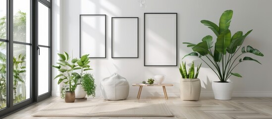 Sticker - Minimalist frame mockup poster template placed on the floor with plant decor. Frame mockup comes in 50x70, 20x28, and 20RP sizes. Minimalist home decor concept.