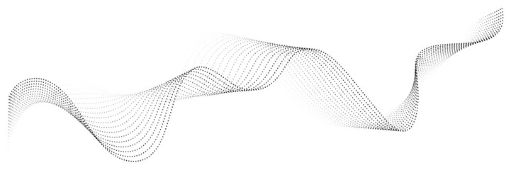 Flowing dot particles wave pattern halftone black gradient smooth curve shape isolated on transparent background. Vector in concept of technology, science, music, modern
