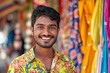  young indian man Beaming Wear a brightly colored shirt. Standing in front of a colorful backdrop It represents happiness and vitality. 