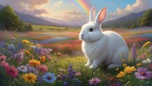 Rabbit In The Meadow, In A Whimsical And Charming Scene, A Fluffy White Rabbit With Big Floppy Ears Sits Contentedly In A Field Of Vibrant Wildflowers. The Air Is Filled With The Sweet Fragrance Of Bl