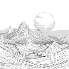 Sticker - Black and white mountains line art panorama. Mountainous landscape with sunset contouring adventure lined sketche