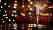 Close up stage microphone with red curtains and bokeh. Theatre, cabaret comedy show or opera music c