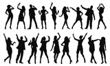 Fototapeta Tulipany - Party people silhouettes. Drinking and dancing men and women characters, funky adult and teenagers dancers friends poses