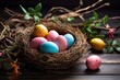 © Nia™ - Easter eggs in nest on rustic wooden planks - generative ai
