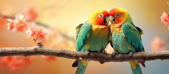 Poster - Two colorful birds perched on branch with flower background