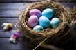 © Nia™ - Easter eggs in nest on rustic wooden planks - generative ai