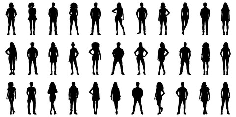 Canvas Print - Teenagers black stencils. People silhouettes, male and female outline shadows, person models shadows, personalized drawings isolated on white