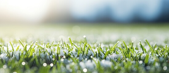 Wall Mural - Snow-covered grass field close-up