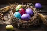 Fototapeta Londyn - Easter eggs in nest on rustic wooden planks - generative ai