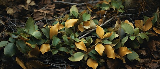 Wall Mural - Small plant with yellow leaves on the ground