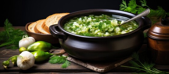 Wall Mural - A bowl of soup with bread and vegetables on a table