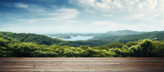 Wall Mural - Wooden deck overlooking mountains and lake