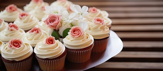 Wall Mural - Many cupcakes with pink flowers on white frosting on a plate