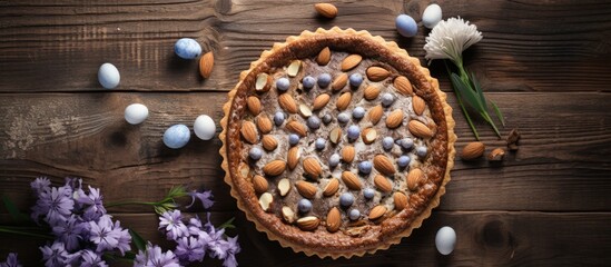 Poster - A close up of a pie with almonds and blueberries on a table