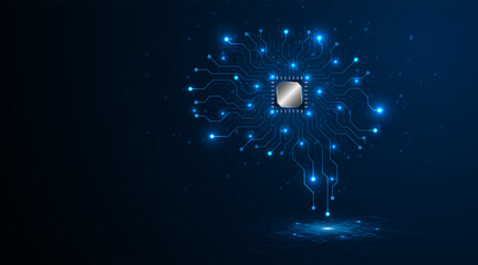 Leinwandbilder - Technology brain circuit board with microchip processor on dark blue background. Data processing concepts. Circuit board high tech technology background. Vector illustration	