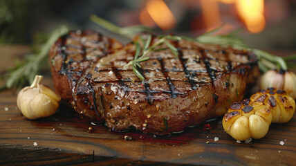 Wall Mural - Grilled steak with herbs and garlic.