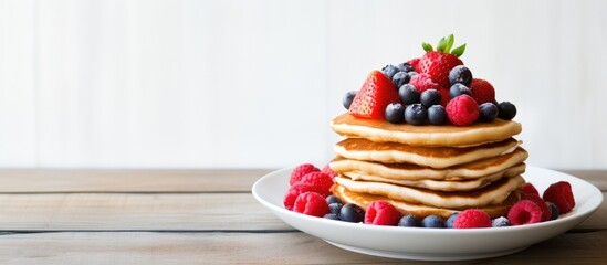 Wall Mural - Close-up of a plate of pancakes topped with assorted berries