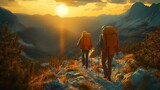 Fototapeta  - Trekking during golden hour in mountains