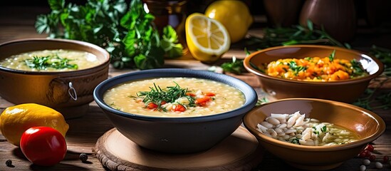 Sticker - Bowls of soup and vegetables on wooden table