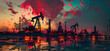 Industrial Oil Rigs at Sunset - Surreal Environmental Art
