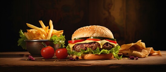 Sticker - A hamburger and fries on a wooden surface