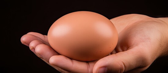 Hand holding brown egg on dark backdrop