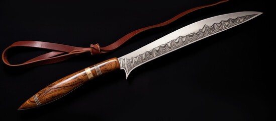 A knife with a wooden handle and a leather strap