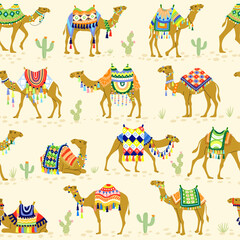 Wall Mural - camel pattern. seamless background with decorative camels illustrations recent vector template for t