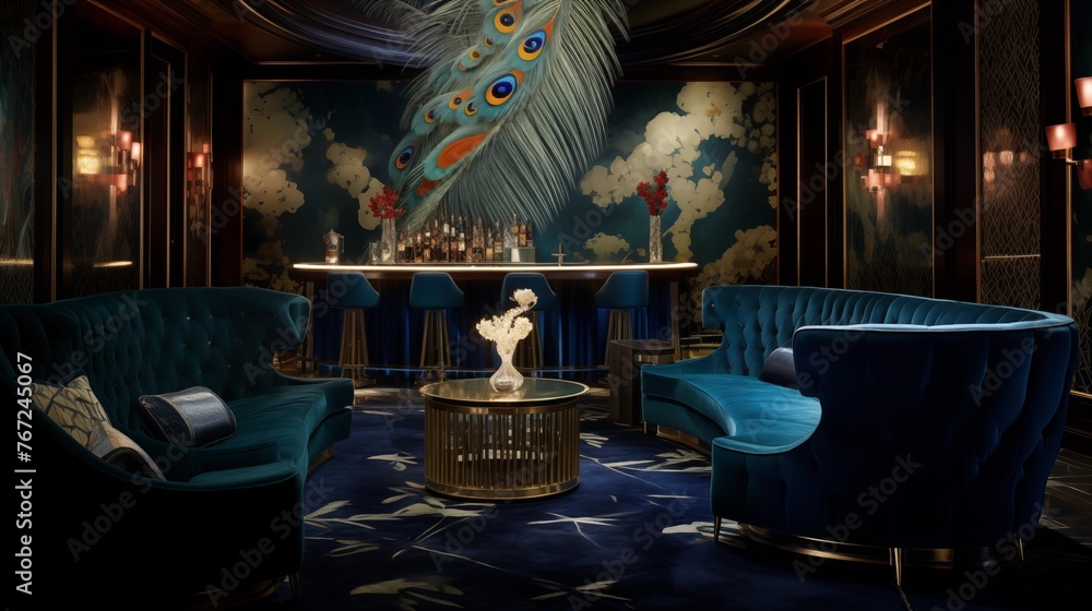 Swanky art deco bar lounge with peacock wallpaper cut velvet accents ...