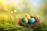 Fototapeta Londyn - Three painted easter eggs in a birds nest celebrating a Happy Easter on a spring day with a green grass meadow and blurred grass foreground and bright sunlight background with - generative ai