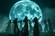 Dance group under a bright full moon with fog