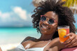 © Svetlana Lerie - Happy young African American woman resting on a sunny beach with a cocktail