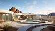 Ultra-modern courtyard home with perpendicular architectural forms integrated into desert landscape.