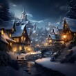 Winter fairy tale village in the mountains. Digital painting. 3D illustration.