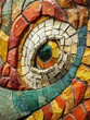 Mosaic art in a church depicting an encounter with aliens, blending sacred and extraterrestrial imagery , close-up