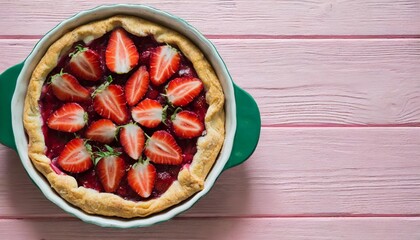 Wall Mural - baking dish with tasty strawberry pie on pink wooden background with space for text