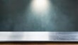 silver steel countertop empty shelf kitchen counter on gray background with spot light bar desk surface in foreground