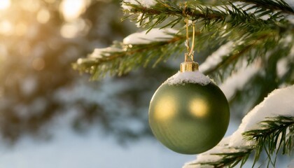 Sticker - green christmas ball hanging on a fir branch on a green background among the snow christmas background