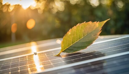 Wall Mural - panoramic close up of a leaf over a solar panel with a green blurry background