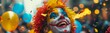 The funny laughing clown banner, April fools Day, happy human with colorful hair and a big smile, dressed as a clown, is holding balloons and laughing.