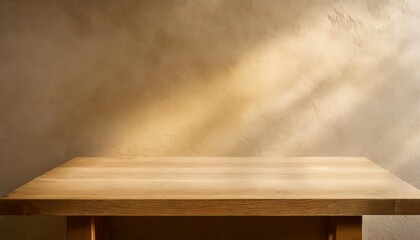 empty wooden table on stucco background with natural shadow on the wall mock up for branding products presentation food and health care