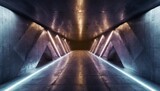 Fototapeta Przestrzenne - neon laser purple blue sci fi futuristic alien spaceship concrete stone cement purple blue glowing corridor tunnel showroom hangar underground hallway basement 3d rendering