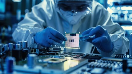 Scientist in coveralls conducting a Research working on a processor chip and development of microelectronics and processors in a laboratory. 