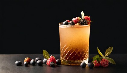 Canvas Print - tasty cocktail with fresh wild berries isolated on black background