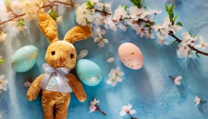 Wall Mural - funny bunny toy lying on the blue background with pastel painted eggs and blooming cherry branches easter concept