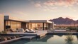 Sleek desert modern dwelling with flat roof stucco walls and oversized windows to take in views.